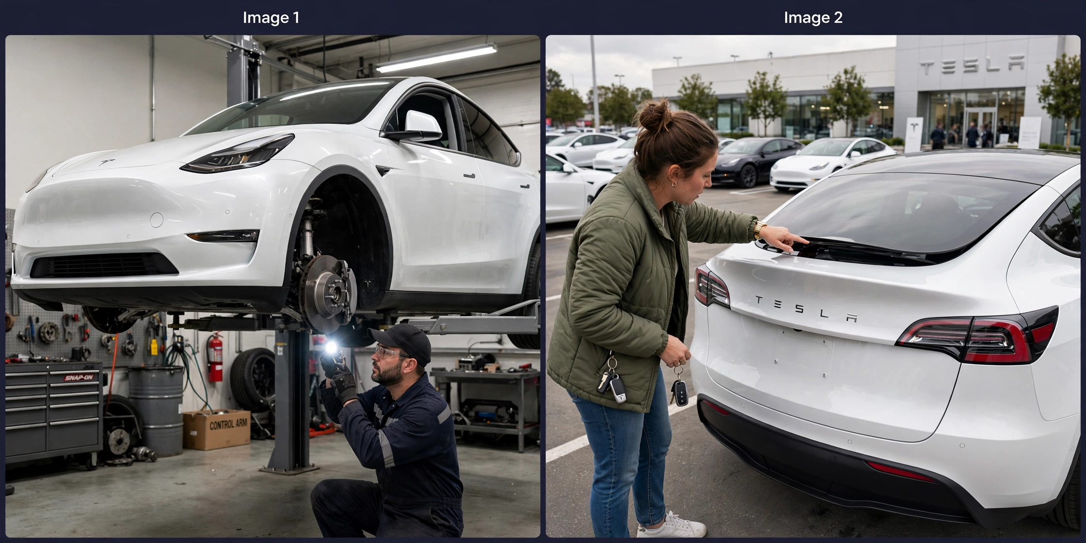Tesla Model Y problems: mechanic inspecting the front suspension of a Model Y raised on a workshop lift