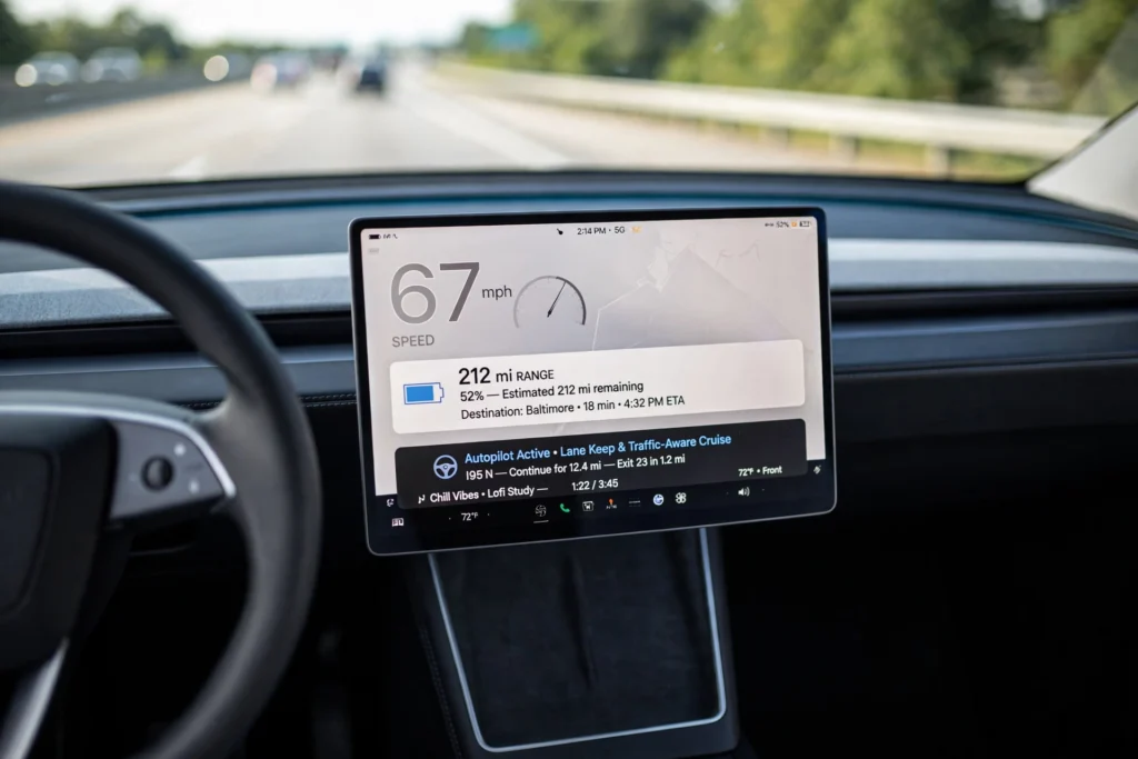 Tesla Model Y energy and range display on the dashboard during a tesla model y speed range test at 75 mph
