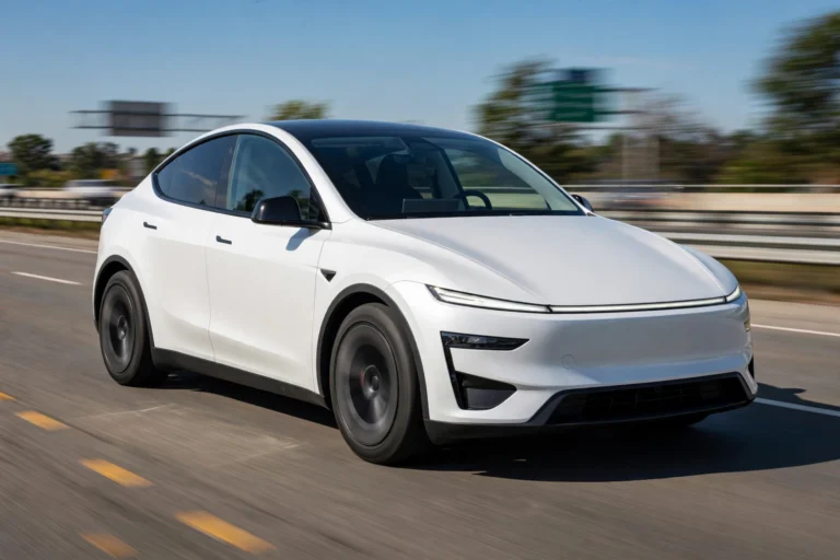 White 2026 Tesla Model Y Juniper on a highway at golden hour during a Tesla Model Y speed range test