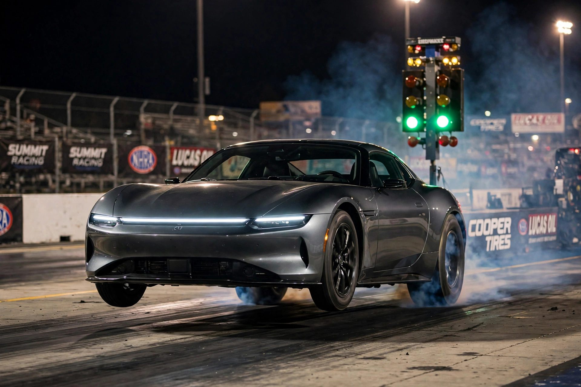 Dark grey Tesla Roadster launching from the starting lights at a drag strip at night, tyres smoking during a tesla roadster 0-60 acceleration run