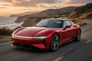 Red Tesla Roadster two-door coupe driving along a coastal highway at dusk, the sleek targa sports car behind the tesla roadster 0-60 claims