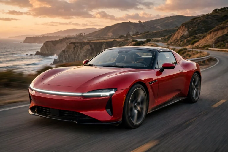 Red Tesla Roadster two-door coupe driving along a coastal highway at dusk, the sleek targa sports car behind the tesla roadster 0-60 claims