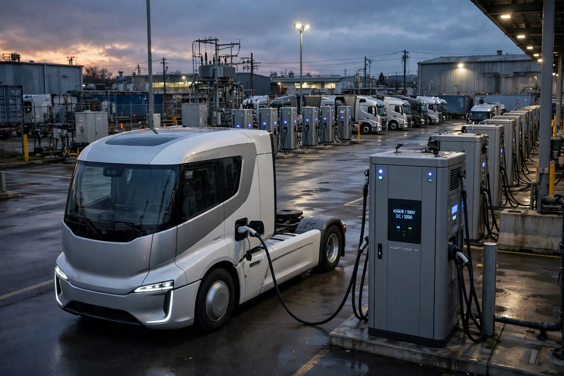 Electric semi truck charging at a megawatt-class truck charging station in an industrial depot