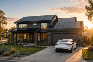 Tesla Solar rooftop solar panels on a modern home