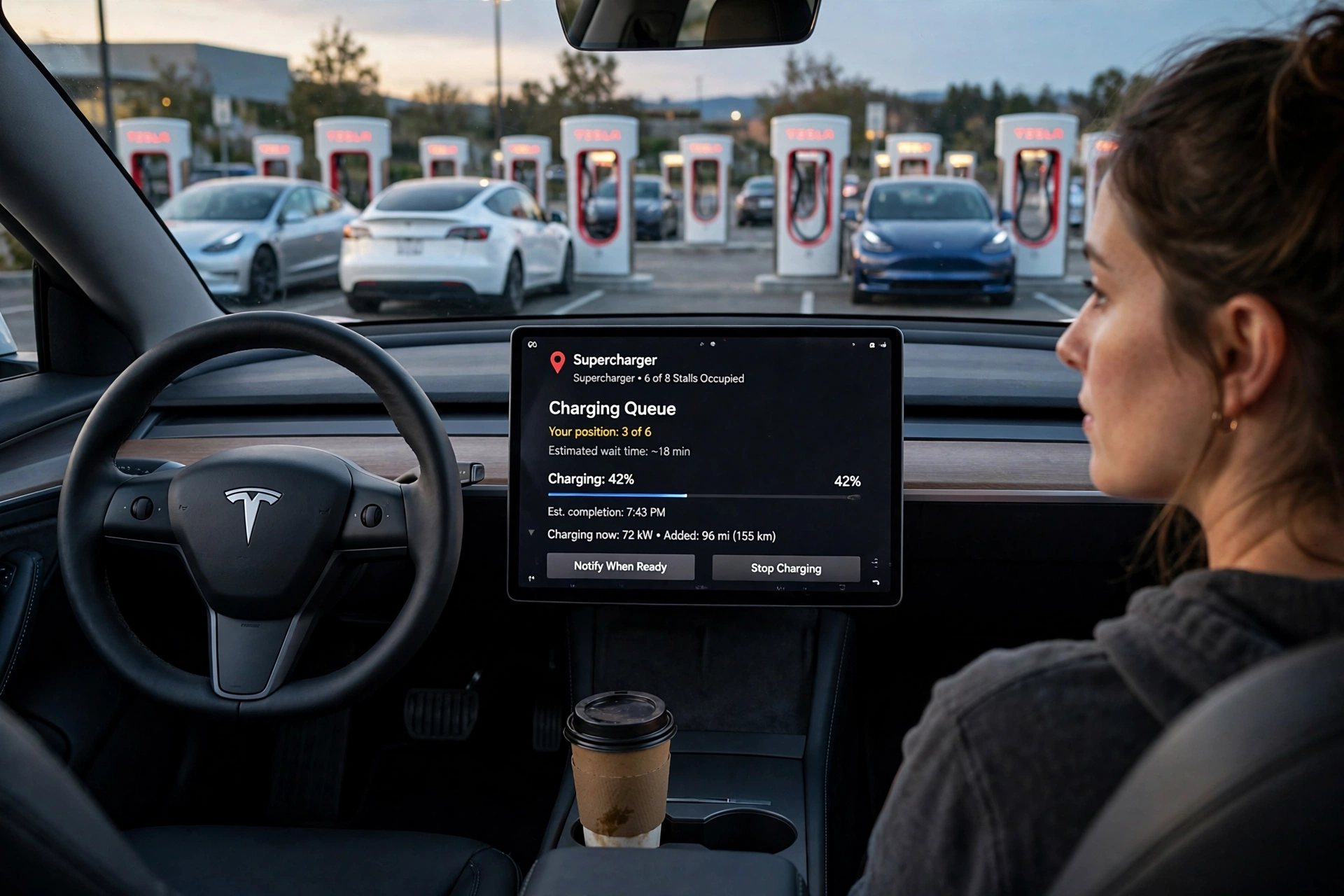 Driver inside a Tesla reading her tesla virtual queue supercharger position — 3 of 6, with an estimated wait of about 18 minutes — on the car's center touchscreen