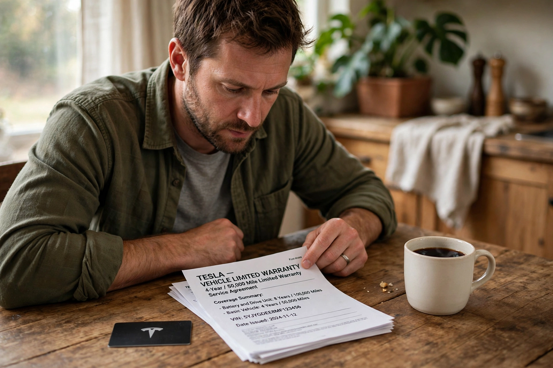 Owner reading tesla warranty paperwork at a kitchen table at home, with a Tesla key card and a coffee mug beside the documents