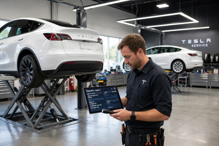 Technician holding a diagnostic tablet beside a white Tesla Model Y raised on a lift in a service centre, checking a fault covered by the tesla warranty