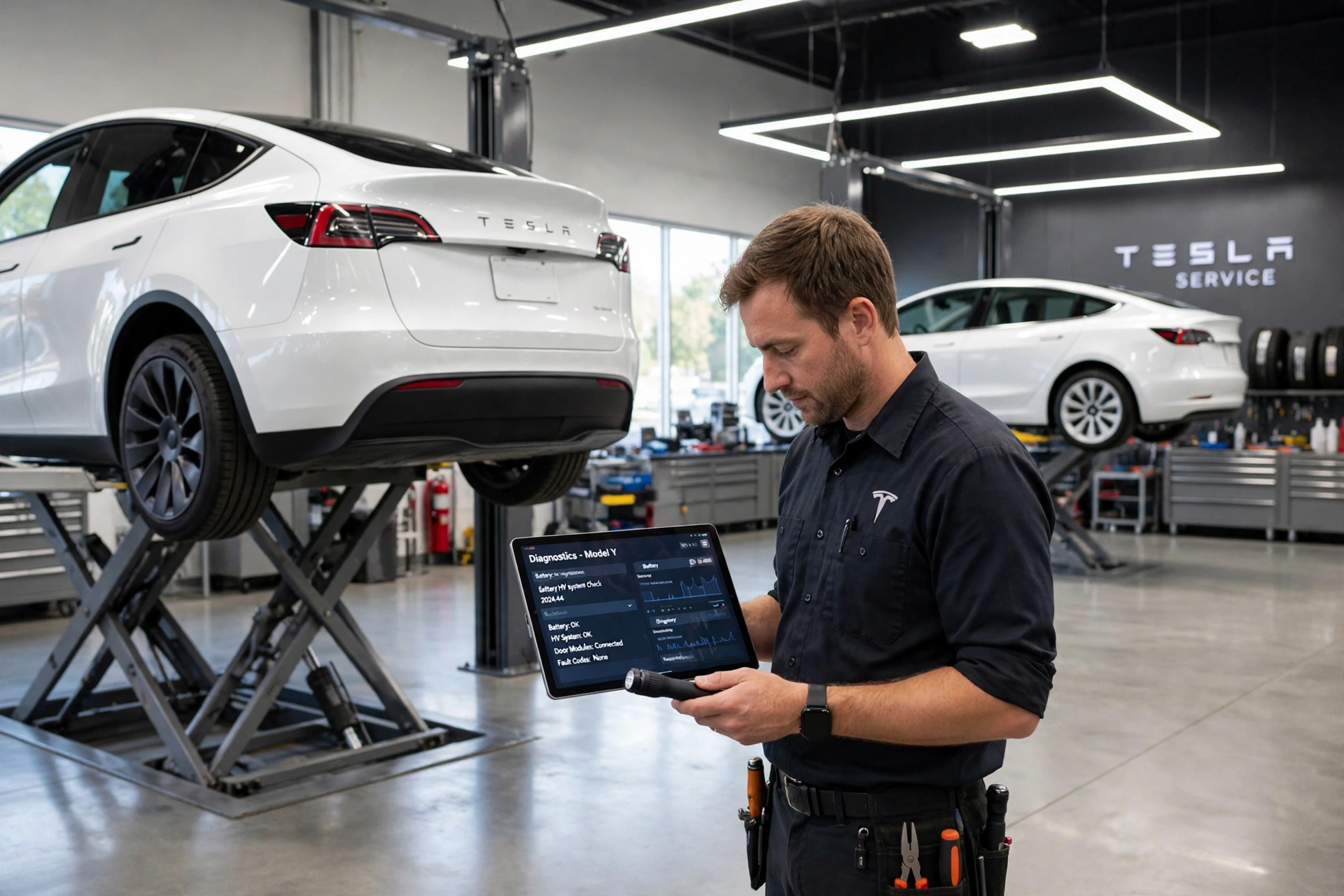 Technician holding a diagnostic tablet beside a white Tesla Model Y raised on a lift in a service centre, checking a fault covered by the tesla warranty