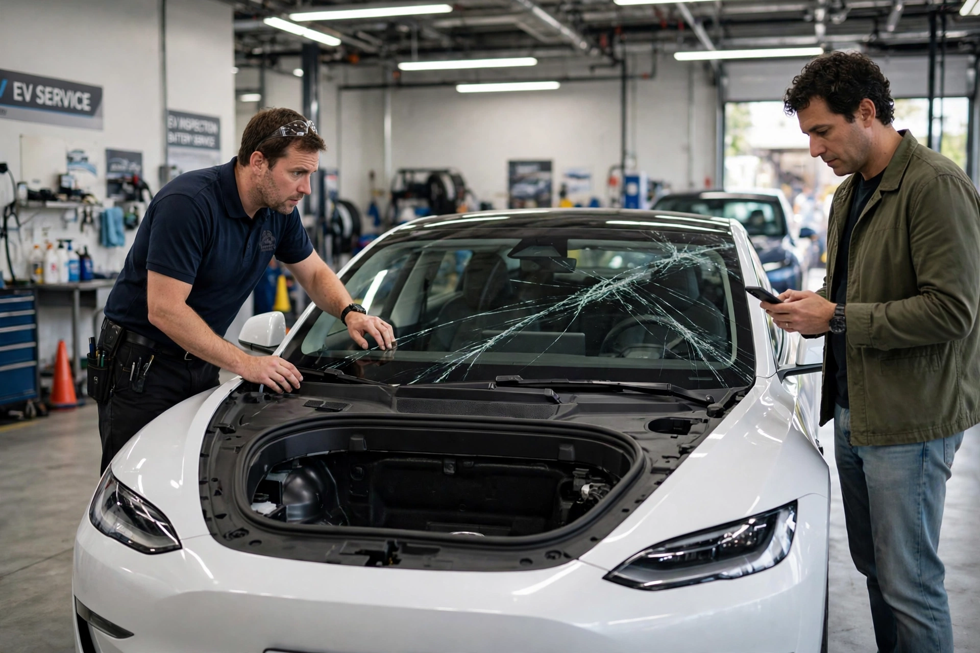 Tesla service technician inspecting a long windshield crack while the owner checks the tesla windshield protection plan on the Tesla app beside the car