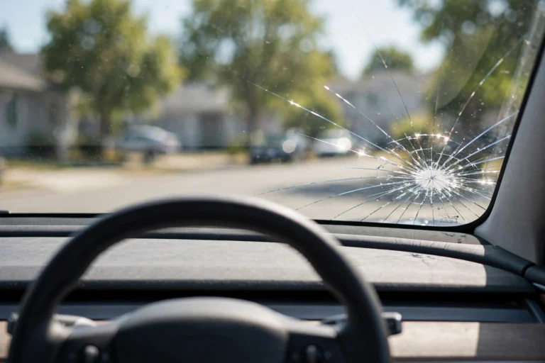 Star-shaped stone chip in a steeply raked Tesla windshield photographed from inside the cabin, the exact kind of damage the tesla windshield protection plan repairs free