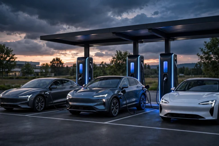 Electric cars charging at a modern EV fast-charging station at dusk