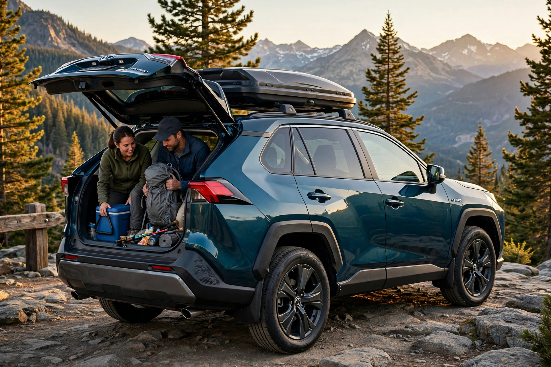 Teal Toyota RAV4 Hybrid SUV with a roof cargo box parked at a mountain overlook while a family loads gear into the tailgate, one of the most popular Toyota hybrid vehicles for road trips