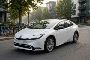 Pearl-white Toyota Prius hybrid hatchback with its sleek wedge-shaped profile driving along a tree-lined city street in morning light, showing Toyota hybrid vehicles in everyday urban use