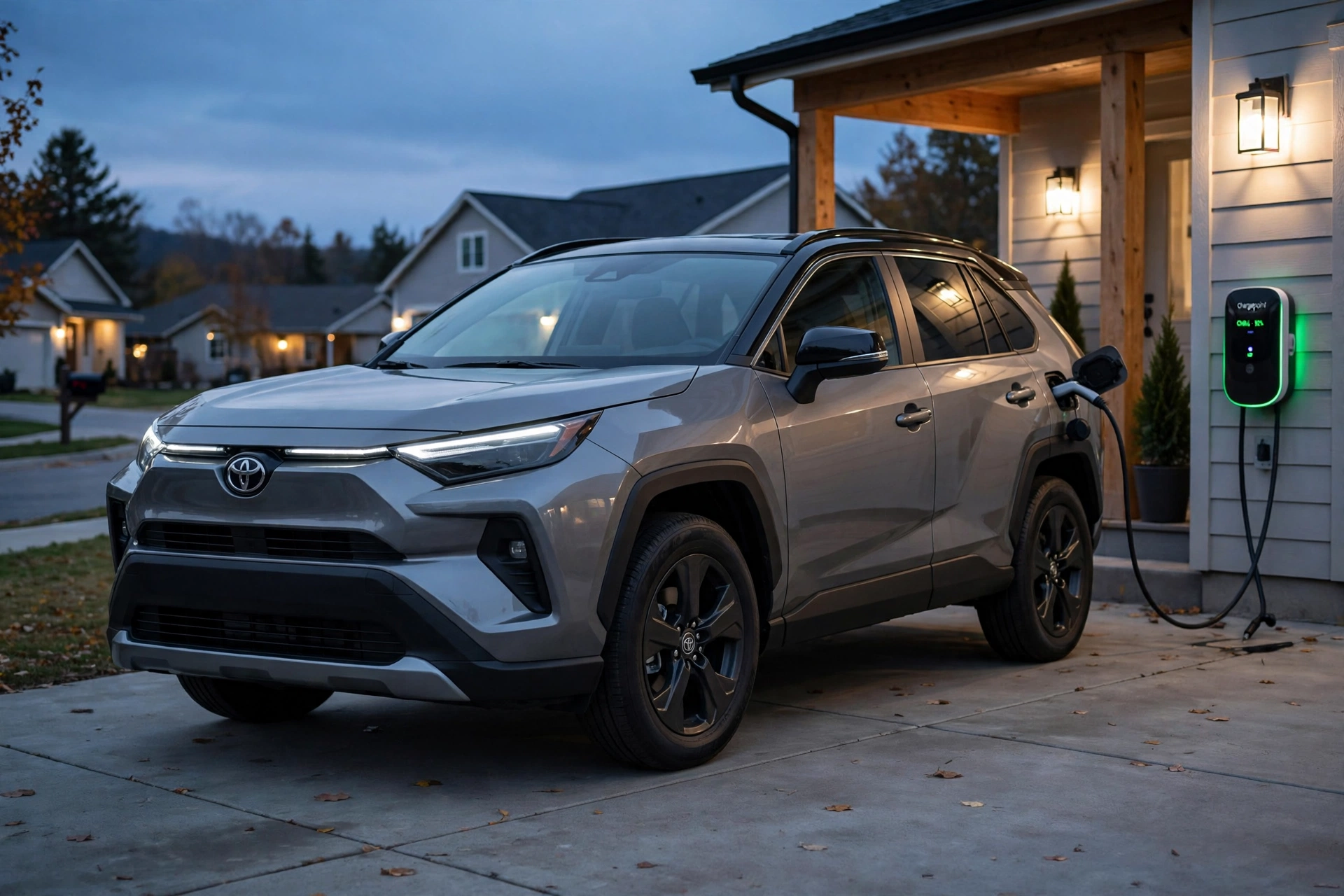 Grey 2026 toyota rav electric plug-in hybrid SUV with hammerhead headlights and squared wheel arches charging from a home wallbox in a driveway at dusk