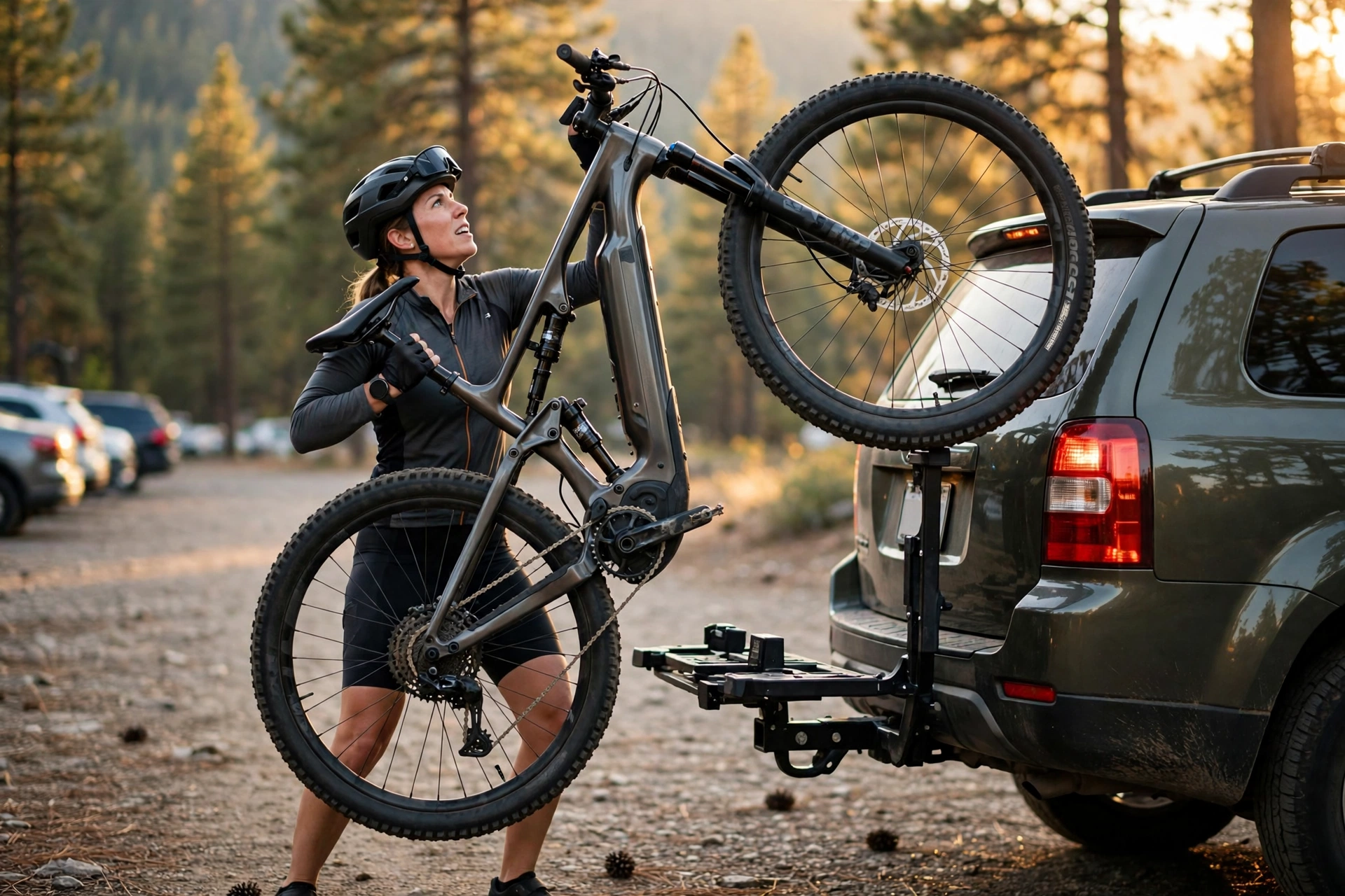 Rider lifting a turbo levo electric mountain bike onto a hitch rack on an SUV at a trailhead, showing the effort its weight takes