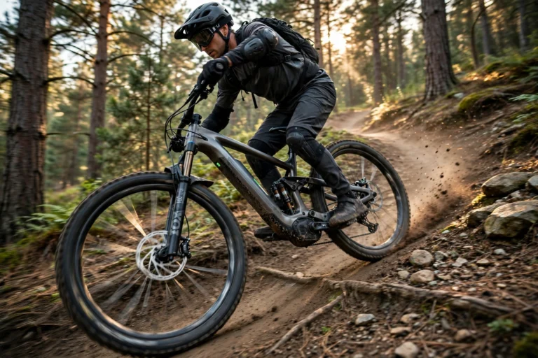 Rider descending a forest singletrack trail on a turbo levo electric mountain bike with a thick battery downtube and mullet wheels