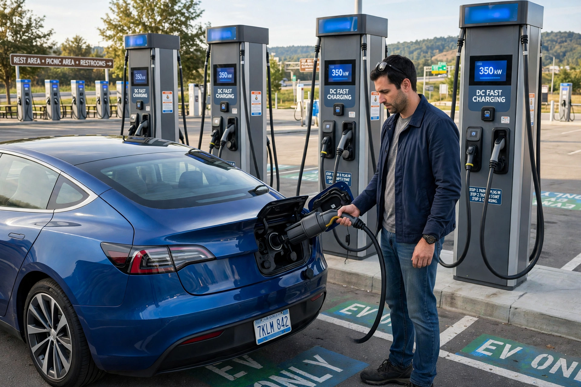 Driver holding a DC fast charging connector beside an electric sedan at a public charging station, comparing the types of chargers available on a road trip