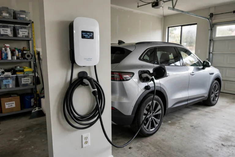 Wall-mounted Level 2 home charger with its connector handle docked beside a silver electric SUV in a residential garage, one of the most common types of chargers for overnight charging