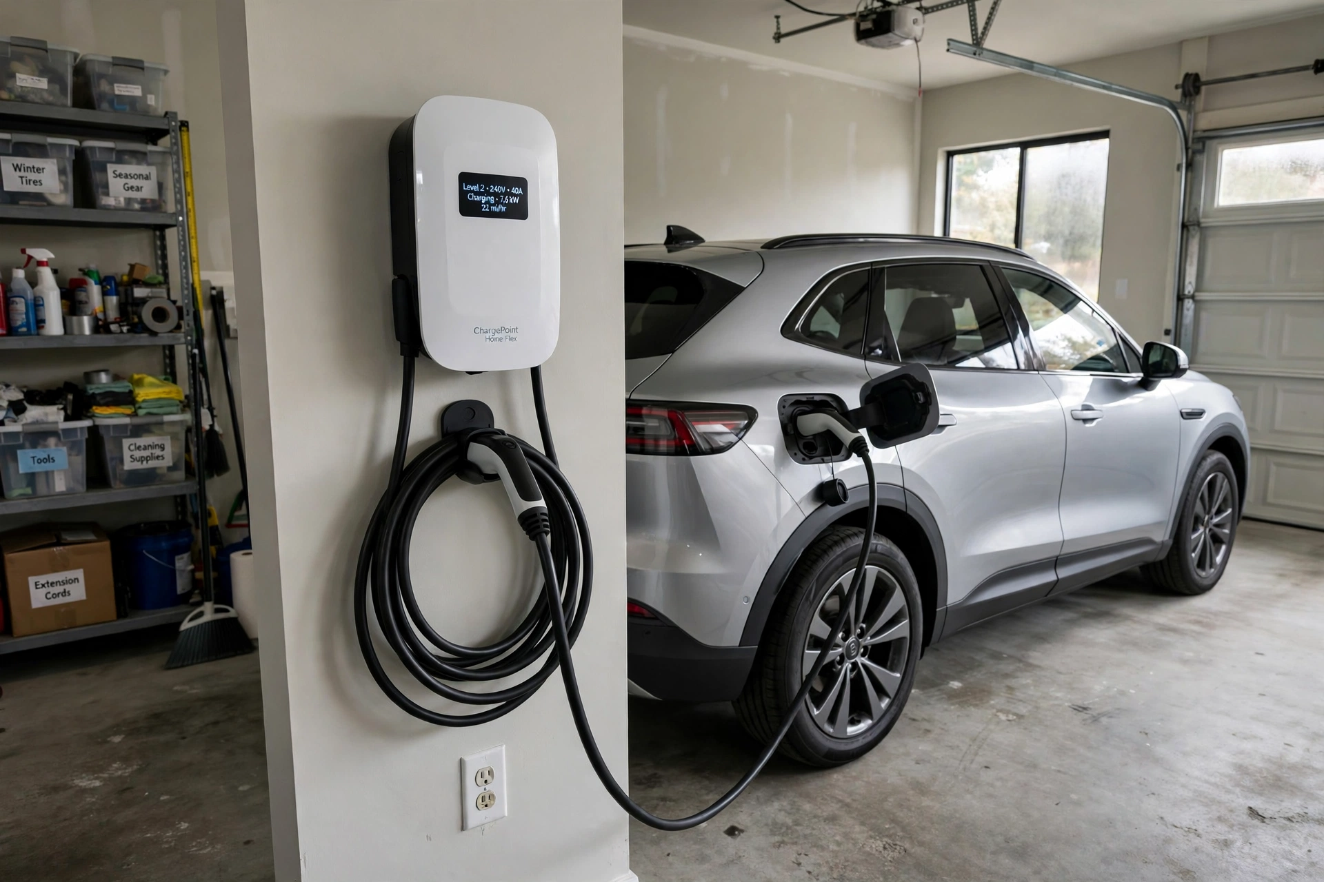 Wall-mounted Level 2 home charger with its connector handle docked beside a silver electric SUV in a residential garage, one of the most common types of chargers for overnight charging