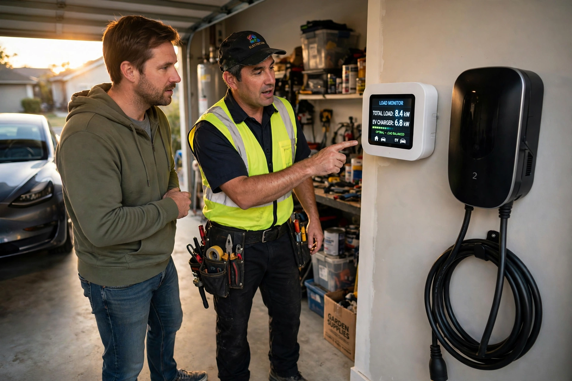 Homeowner and electrician looking at a smart load-management unit mounted beside a wall EV charger in a garage, a cheaper alternative to an upgrade electrical panel swap