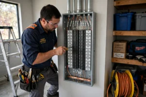 Electrician fitting a new breaker panel with neat labelled wiring runs and rows of breakers in a home garage during an upgrade electrical panel project