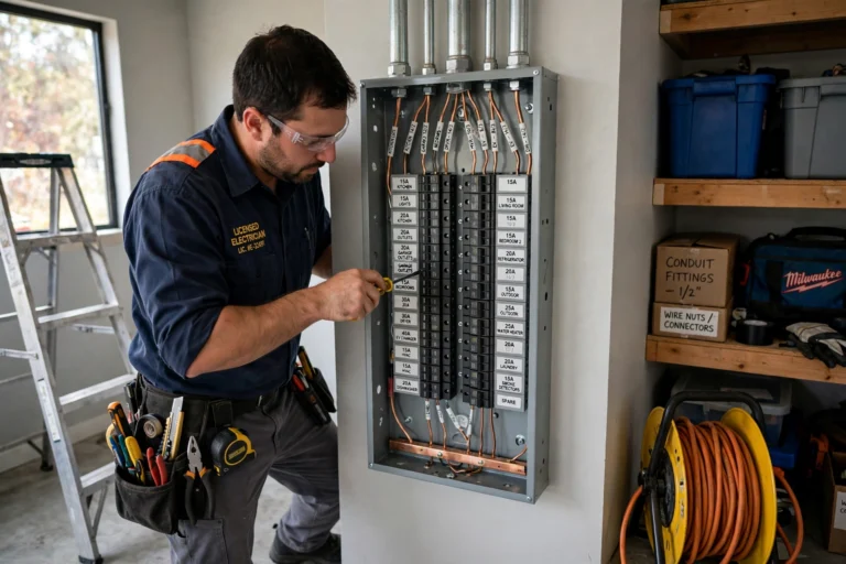 Electrician fitting a new breaker panel with neat labelled wiring runs and rows of breakers in a home garage during an upgrade electrical panel project