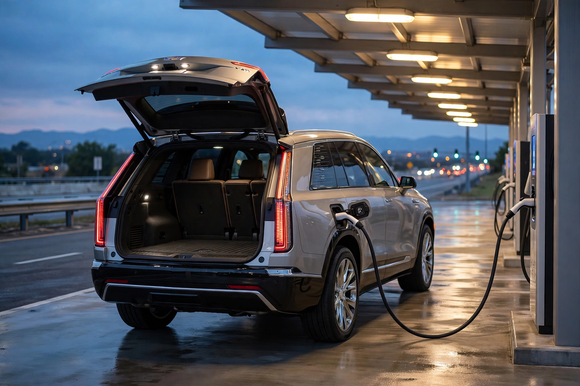 Rear three-quarter view of a silver Cadillac Vistiq plugged into a DC fast charger at dusk, tailgate open with the third-row seats folded flat to show the cargo space