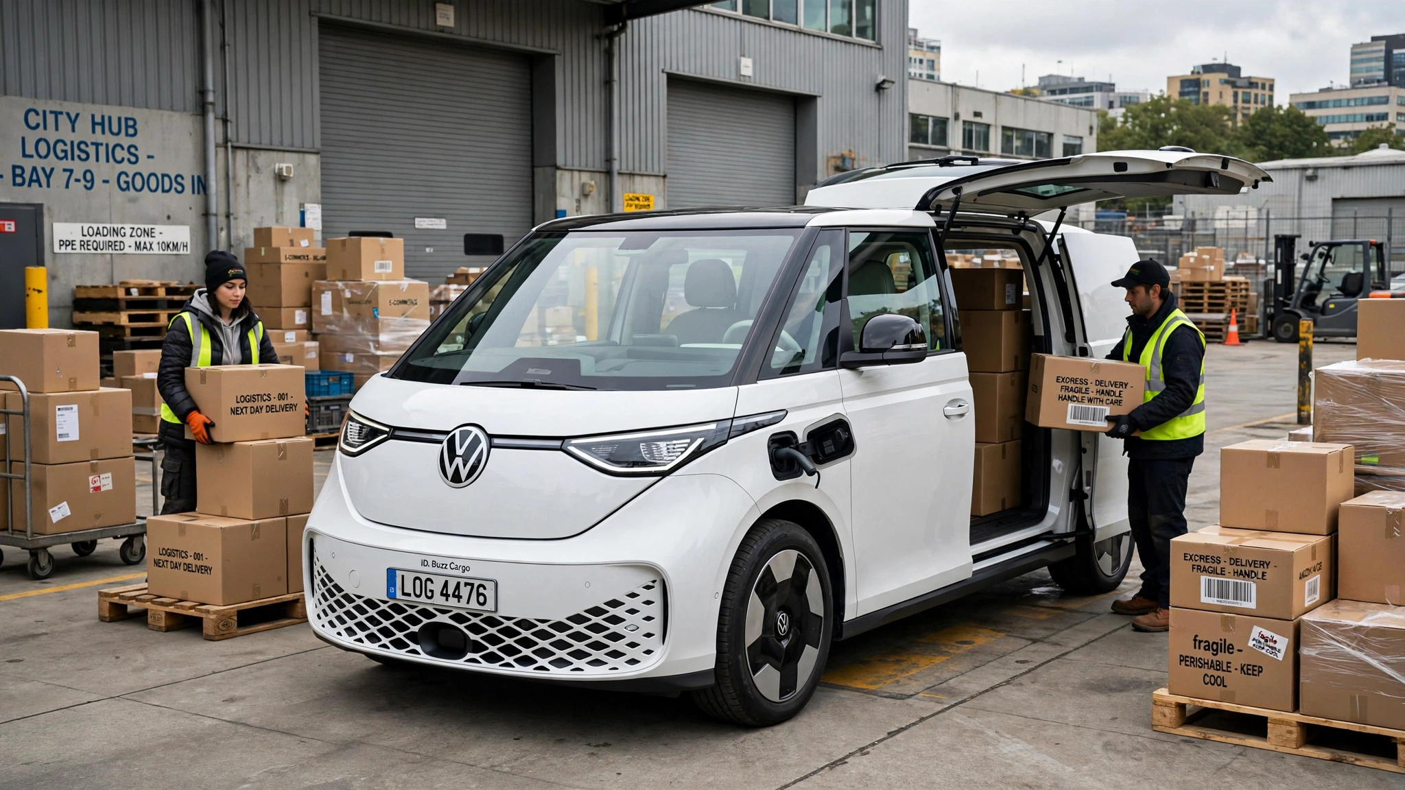 VW electric van Cargo version being loaded with delivery boxes at a city depot