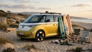 VW electric van ID. Buzz in two-tone yellow and white parked at a beach campsite