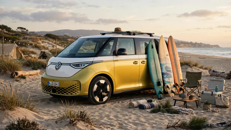 VW electric van ID. Buzz in two-tone yellow and white parked at a beach campsite