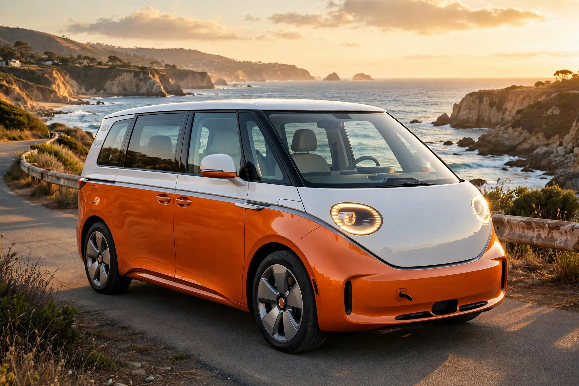 Two-tone orange and white VW ID. Buzz electric van parked on a coastal road at sunset