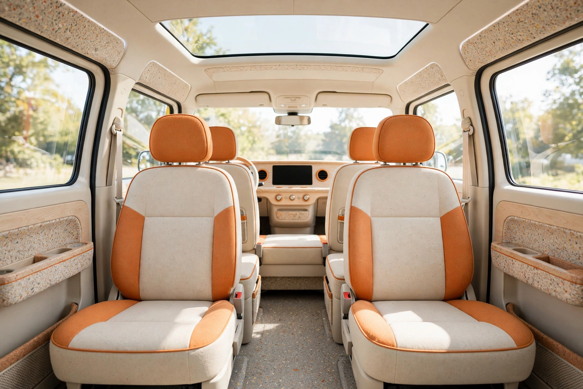 Interior of the VW ID. Buzz electric van with cream and orange seats and a panoramic sunroof