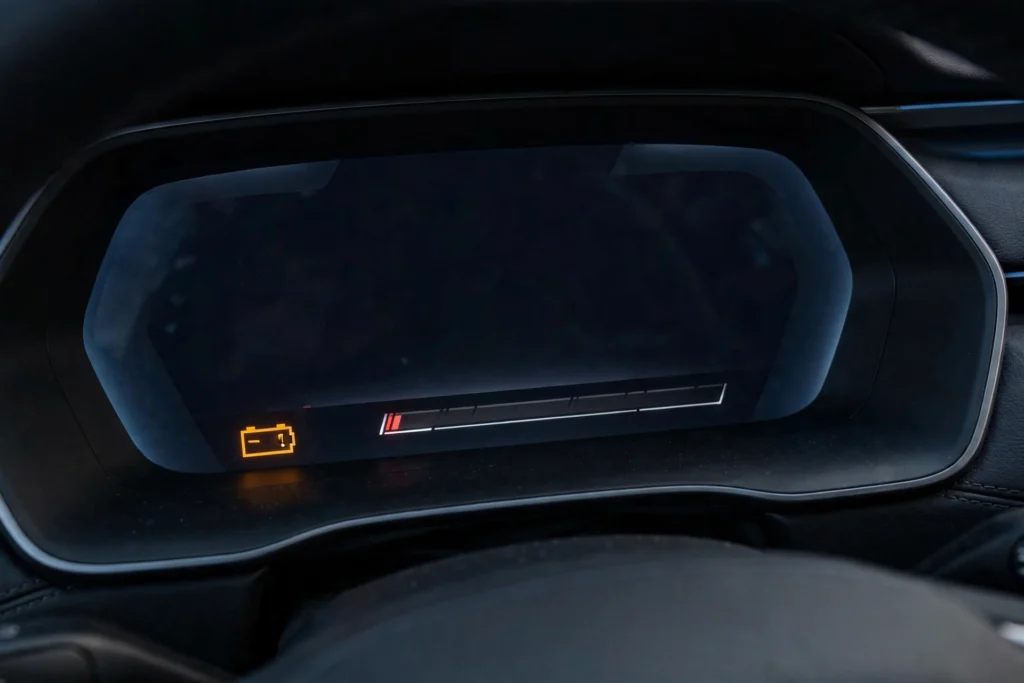 Close-up of EV dashboard showing low battery warning when an electric car runs out of battery