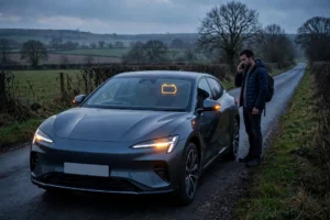 Electric car with low battery stopped on a rural road at dusk with hazard lights on