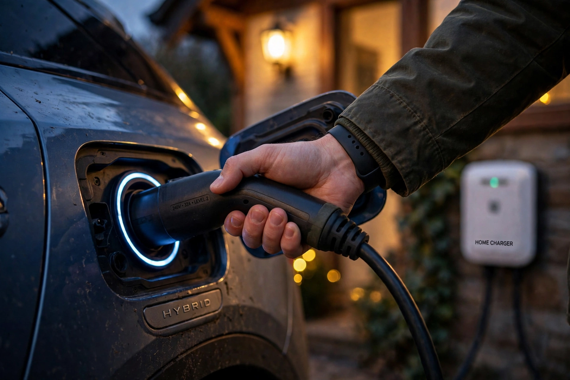 Plug-in hybrid car charging at a home wall charger at night