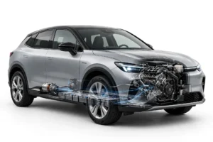 Silver hybrid SUV cutaway showing gasoline engine, electric motor and underfloor battery pack