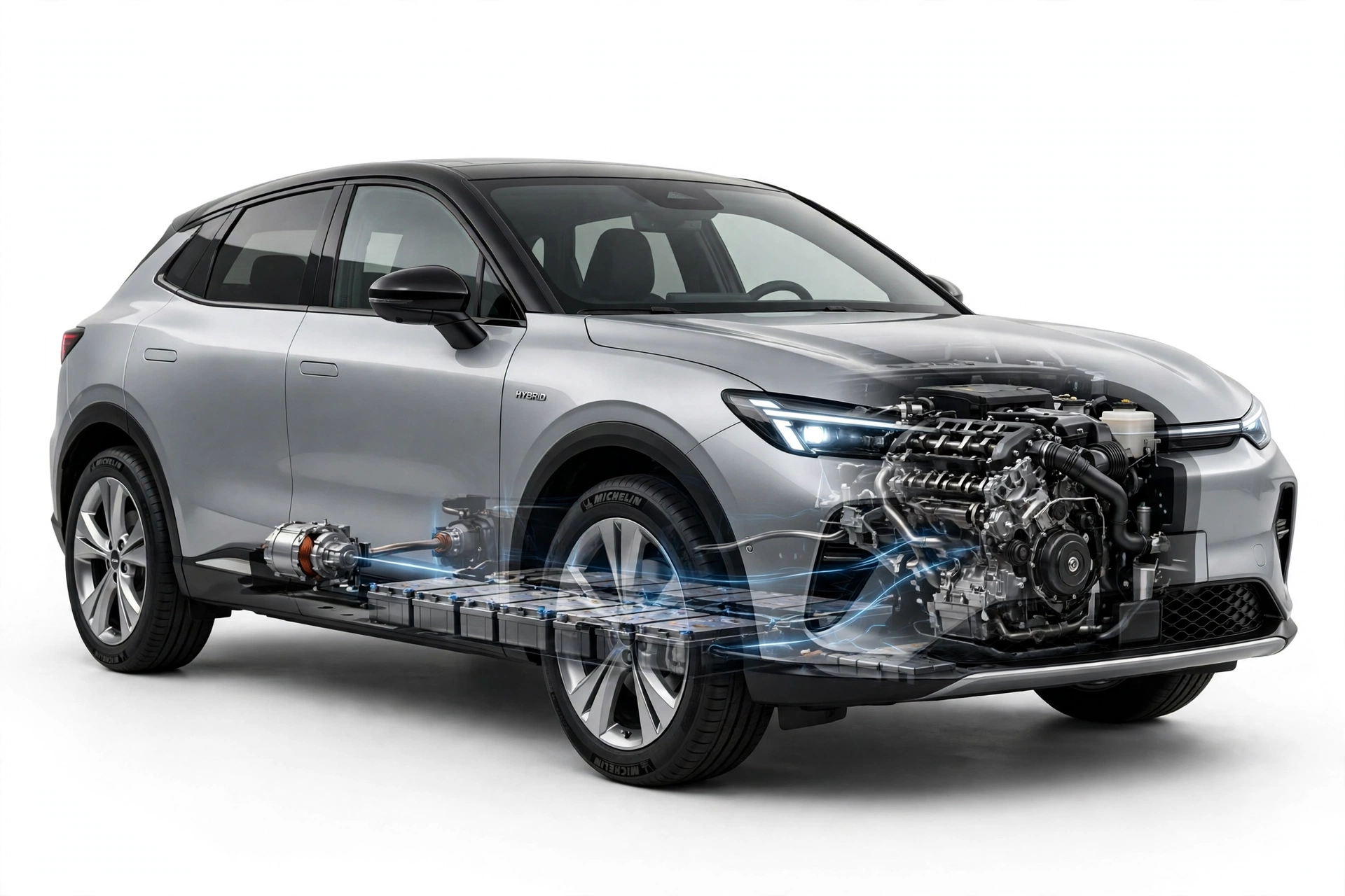 Silver hybrid SUV cutaway showing gasoline engine, electric motor and underfloor battery pack