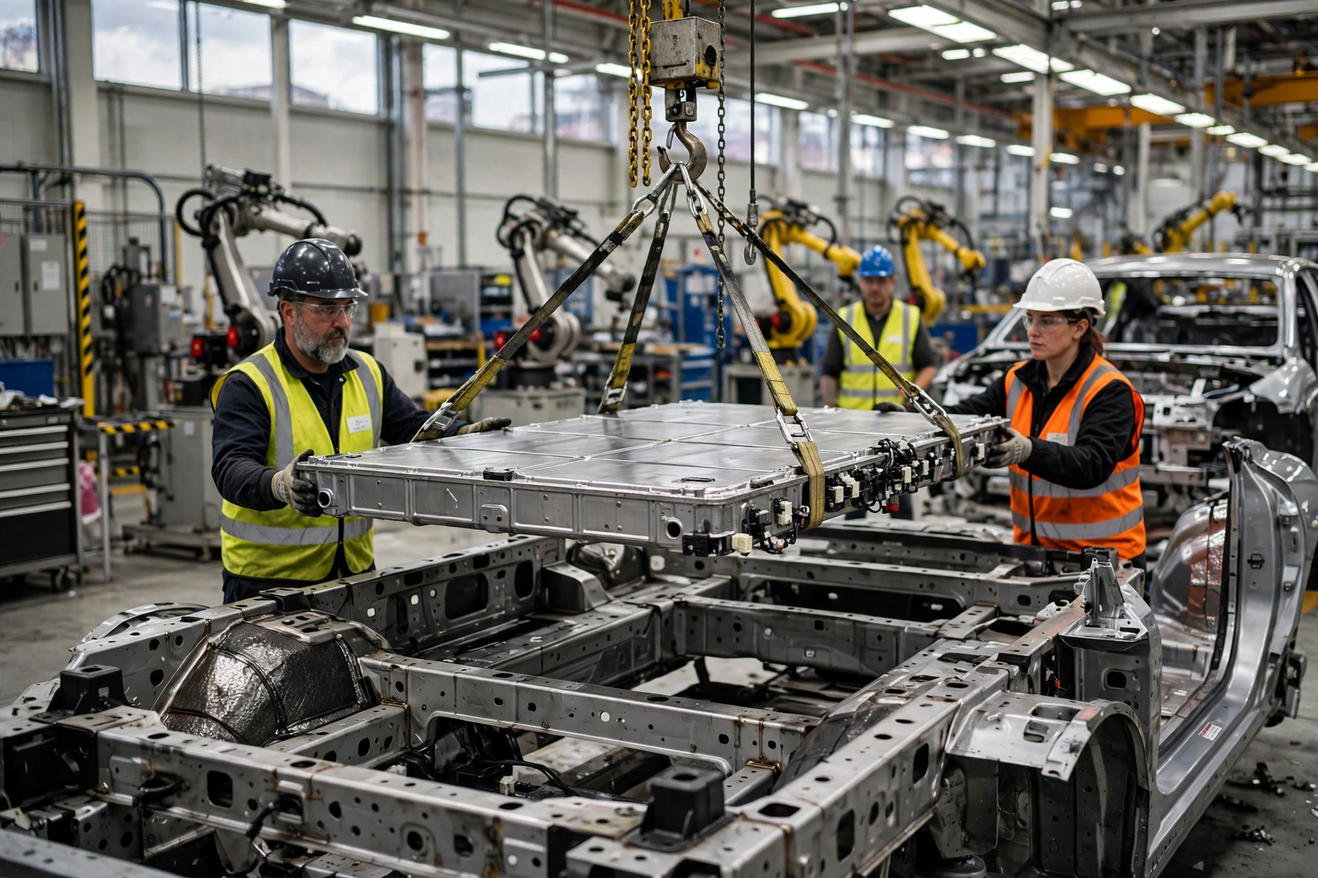 A flat electric vehicle battery pack suspended from an overhead hoist being lowered into a car body on an assembly line, the finished form of what is a lithium battery in a modern electric car