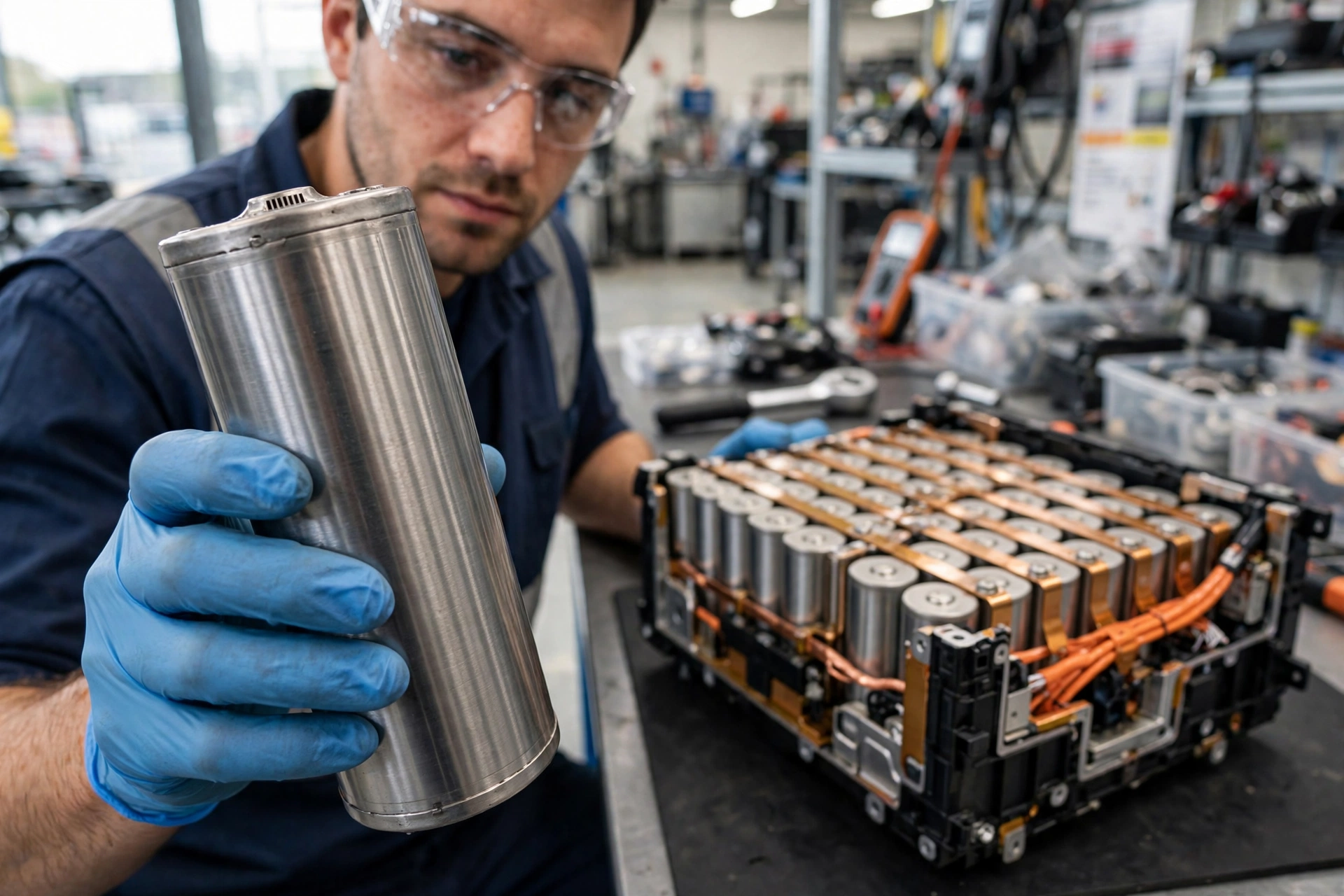 Technician wearing blue gloves holding a large cylindrical 4680 cell beside a cut-open electric car battery pack, showing the individual cells that make up what is a lithium battery pack