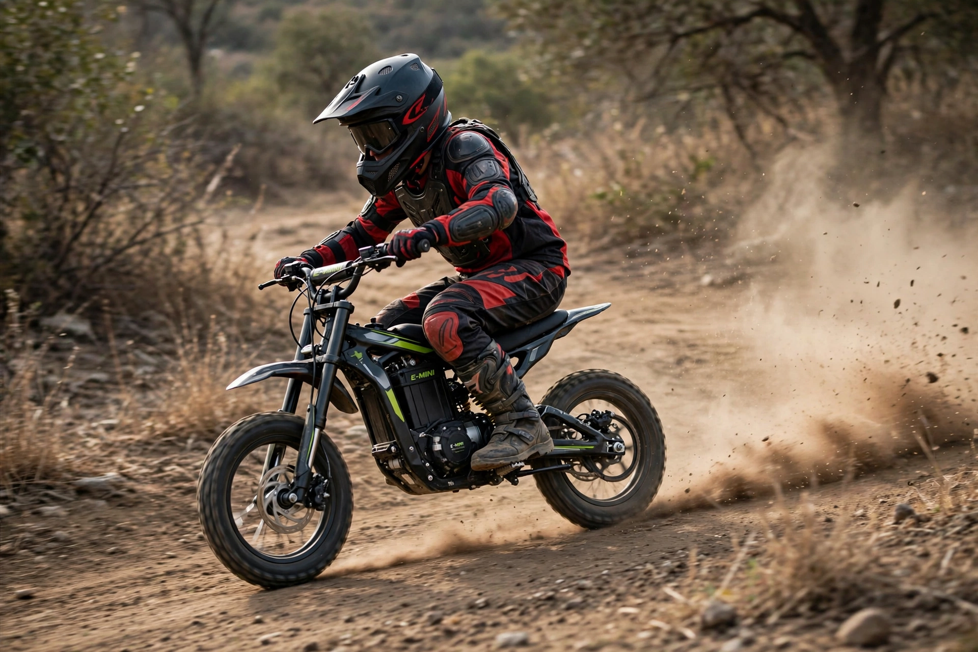 Rider in a full-face helmet riding an electric mini dirt bike down a dusty off-road trail