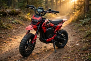 Red Yozma electric mini dirt bike with fat knobby tires on a forest dirt trail at golden hour