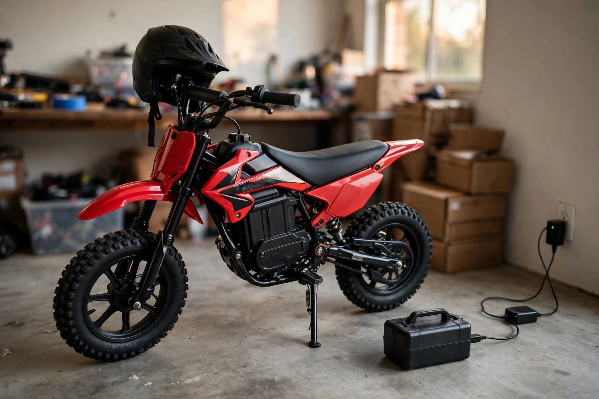 Yozma in10 electric mini dirt bike parked in a home garage with its removable battery charging beside it